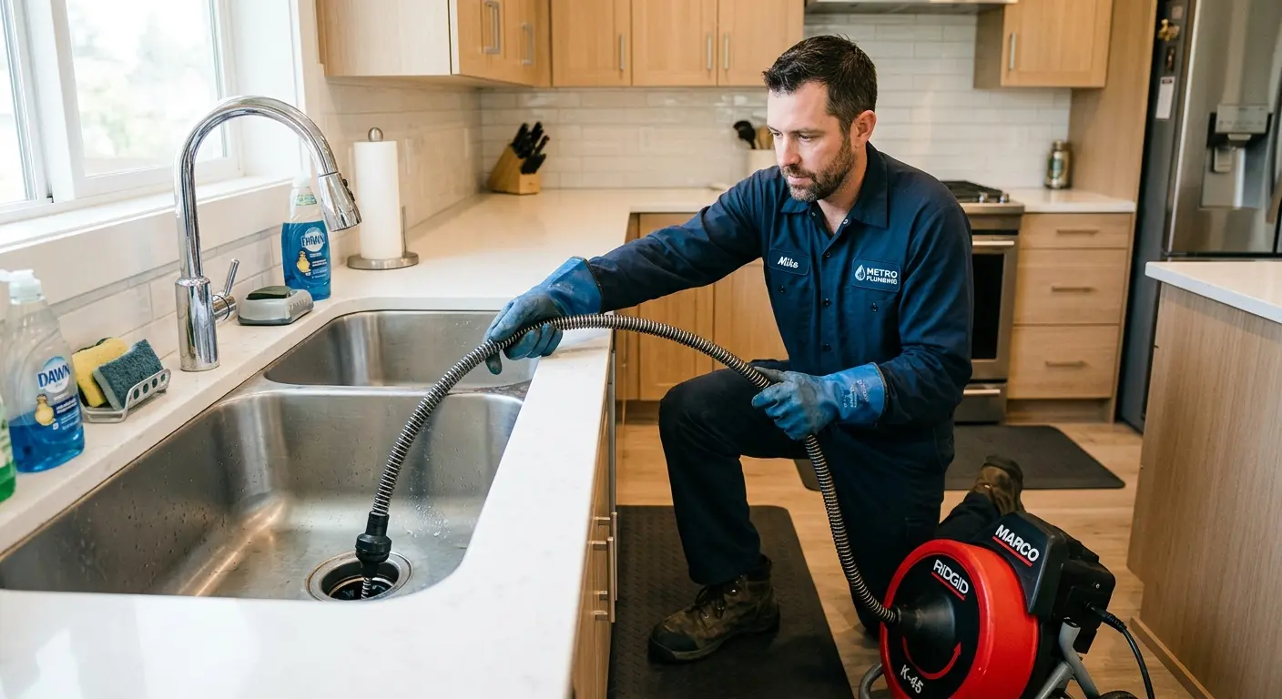 Drain cleaning technician using a motorized snake on a kitchen sink in Clairton