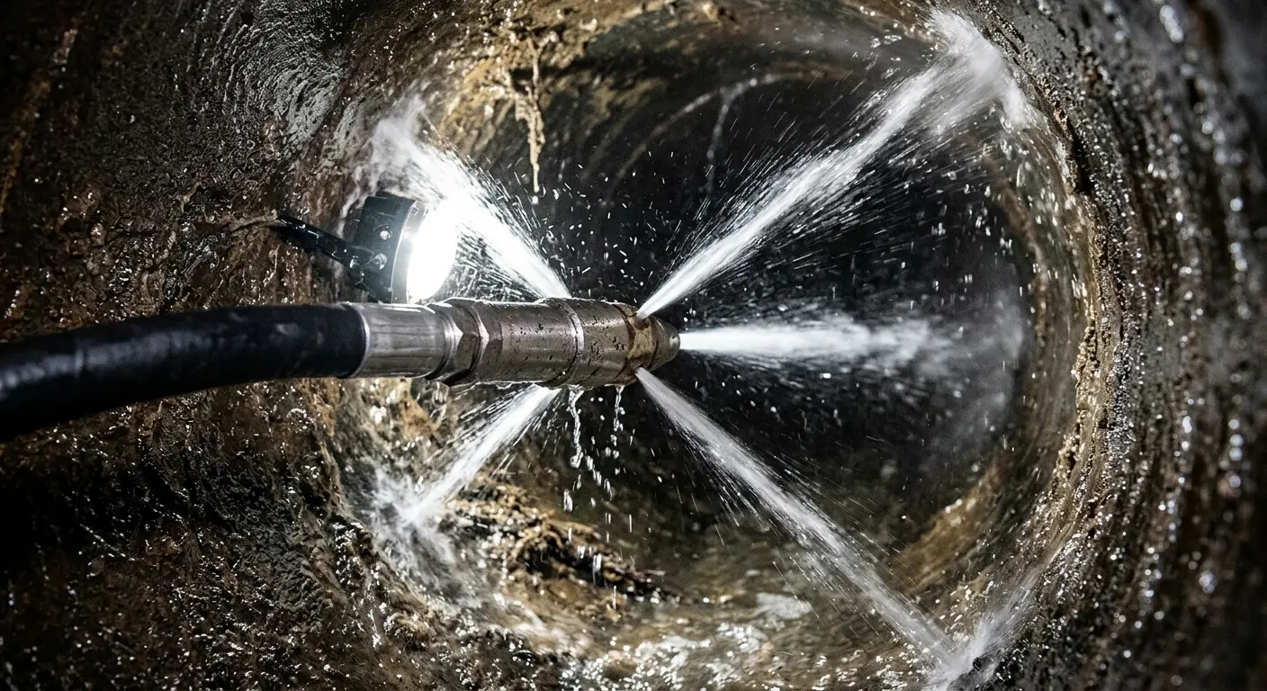 High-pressure hydro jetting nozzle cleaning sewer pipe for Trenchless Sewer Repair in Clairton