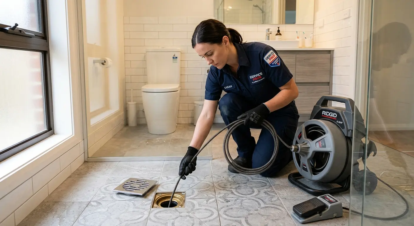 Technician clearing a bathroom floor drain for Drain Cleaning in Clairton